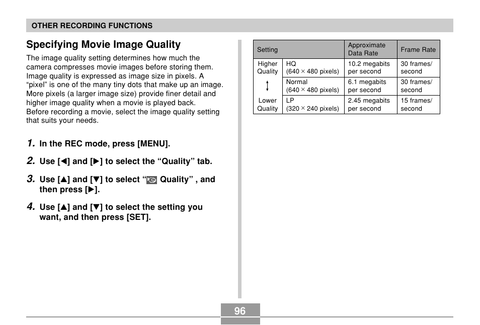 Specifying movie image quality | Casio EX-Z500 User Manual | Page 96 / 227