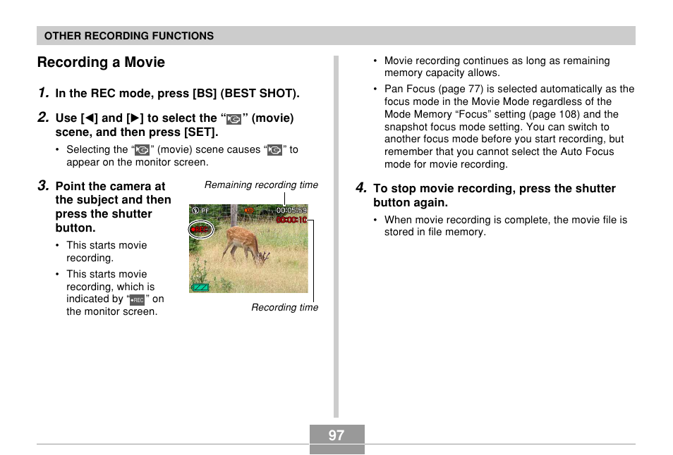 Recording a movie, Recording a movie 1 | Casio EX-Z500 User Manual | Page 97 / 227