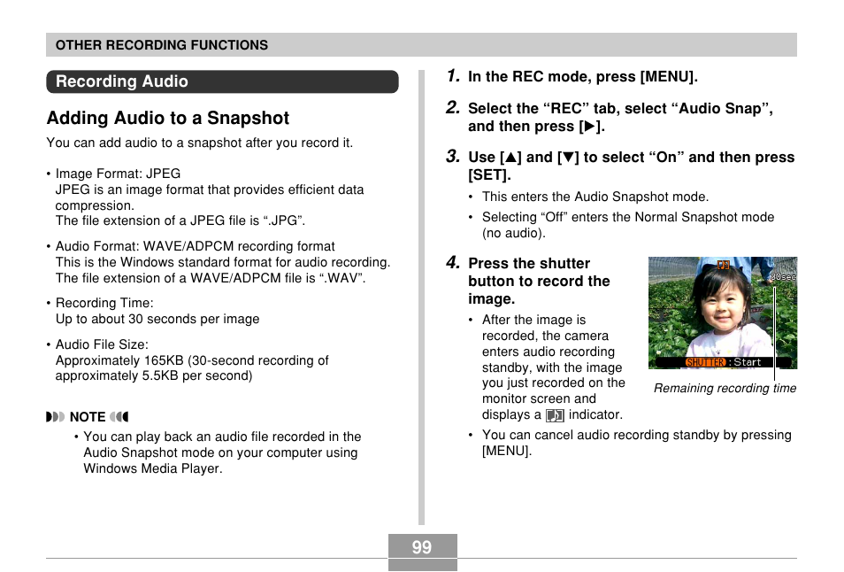 Recording audio, Adding audio to a snapshot | Casio EX-Z500 User Manual | Page 99 / 227