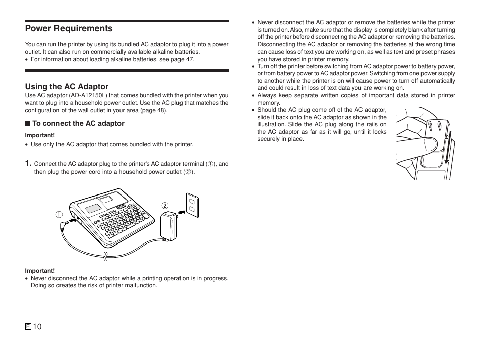 Power requirements | Casio KL-7400 User Manual | Page 13 / 68