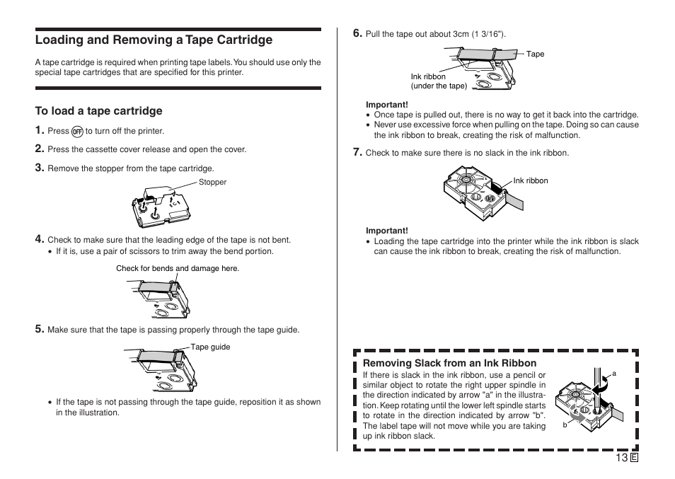 Loading and removing a tape cartridge | Casio KL-7400 User Manual | Page 16 / 68