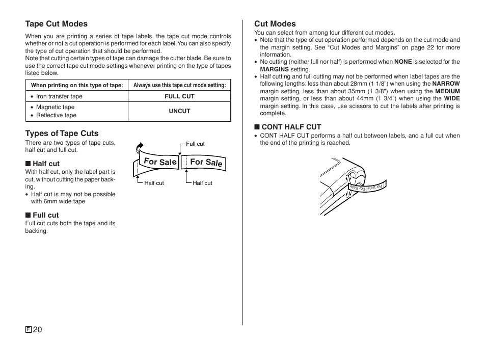 20 tape cut modes, Types of tape cuts, Cut modes | For sal e for sale | Casio KL-7400 User Manual | Page 23 / 68