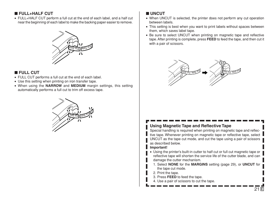 Full+half cut, Full cut, Uncut | Using magnetic tape and reflective tape | Casio KL-7400 User Manual | Page 24 / 68