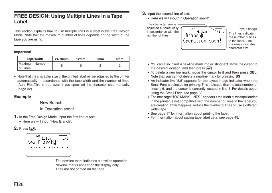 Free design: using multiple lines in a tape label | Casio KL-7400 User Manual | Page 31 / 68