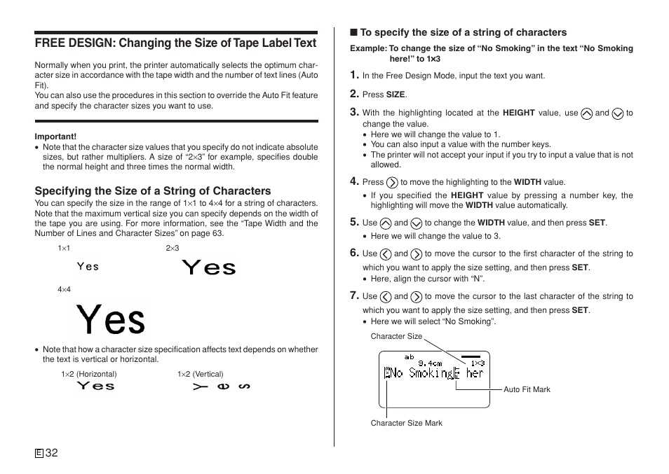 Free design: changing the size of tape label text, Specifying the size of a string of characters | Casio KL-7400 User Manual | Page 35 / 68
