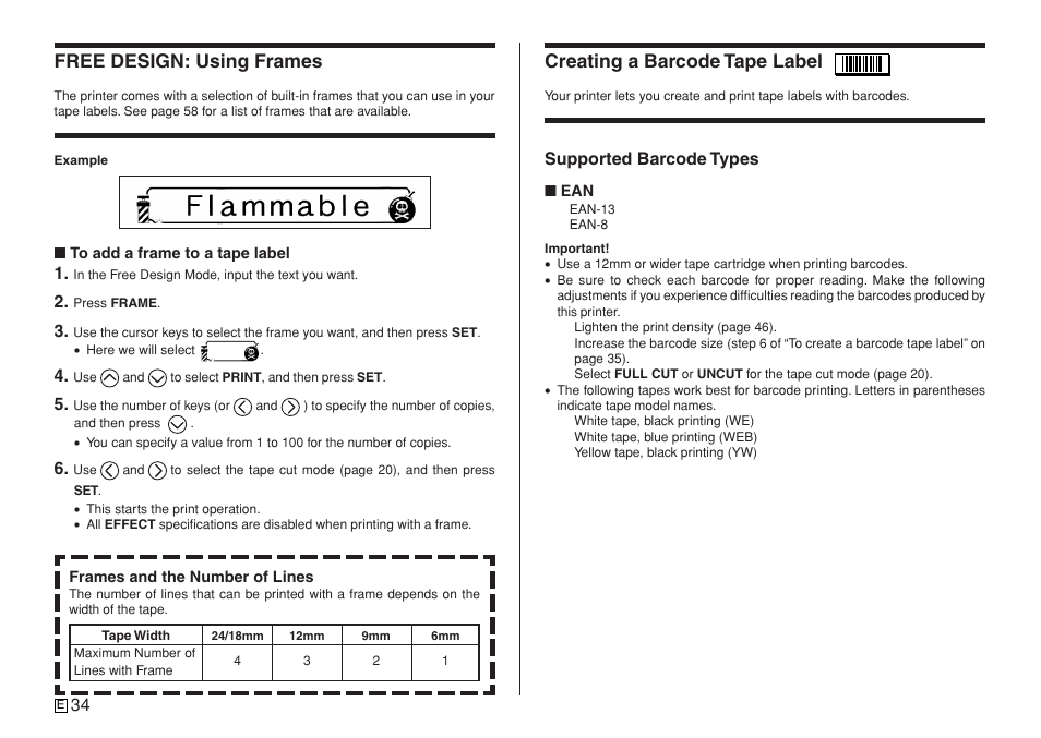 Free design: using frames, Creating a barcode tape label | Casio KL-7400 User Manual | Page 37 / 68