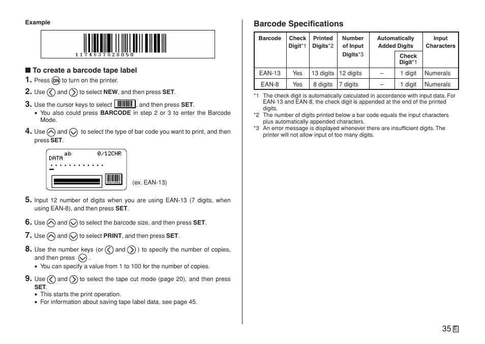 Barcode specifications | Casio KL-7400 User Manual | Page 38 / 68