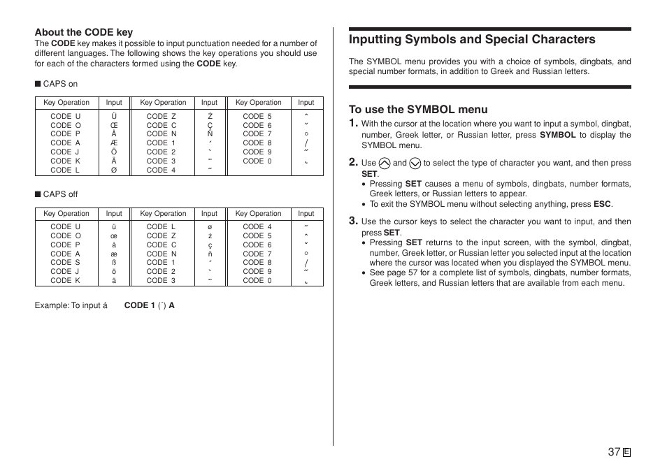 Inputting symbols and special characters | Casio KL-7400 User Manual | Page 40 / 68