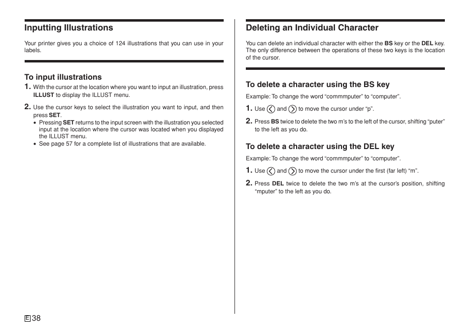 Inputting illustrations, Deleting an individual character | Casio KL-7400 User Manual | Page 41 / 68