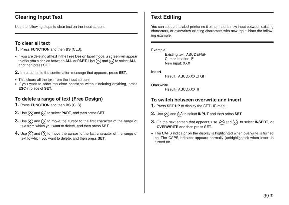 Clearing input text, Text editing | Casio KL-7400 User Manual | Page 42 / 68