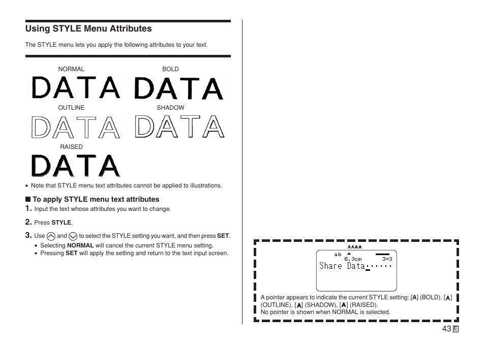 Using style menu attributes | Casio KL-7400 User Manual | Page 46 / 68