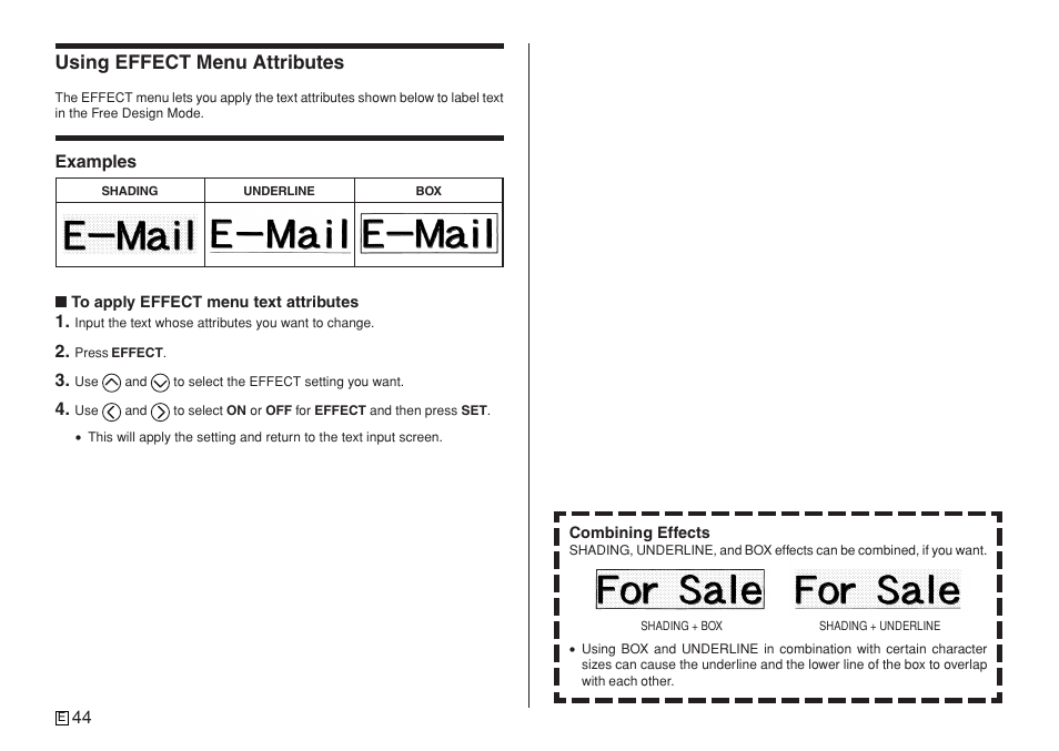 Using effect menu attributes | Casio KL-7400 User Manual | Page 47 / 68