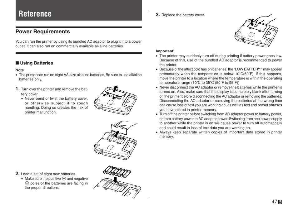 Reference, Power requirements | Casio KL-7400 User Manual | Page 50 / 68