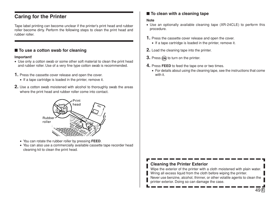 Caring for the printer | Casio KL-7400 User Manual | Page 52 / 68