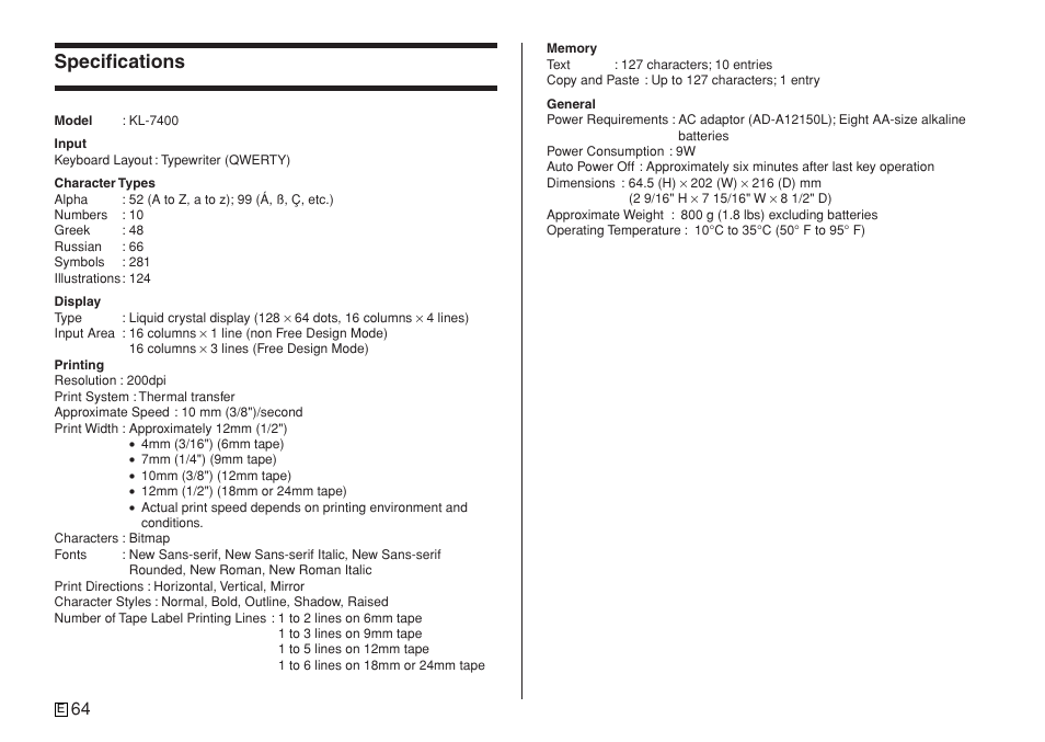 Specifications | Casio KL-7400 User Manual | Page 67 / 68