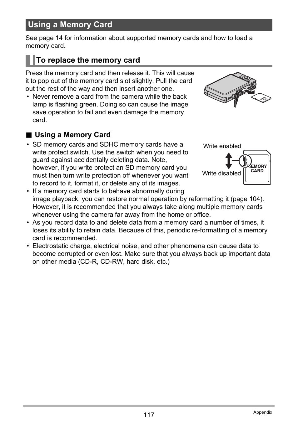 Using a memory card, To replace the memory card | Casio EXILIM EX-Z150 User Manual | Page 117 / 137
