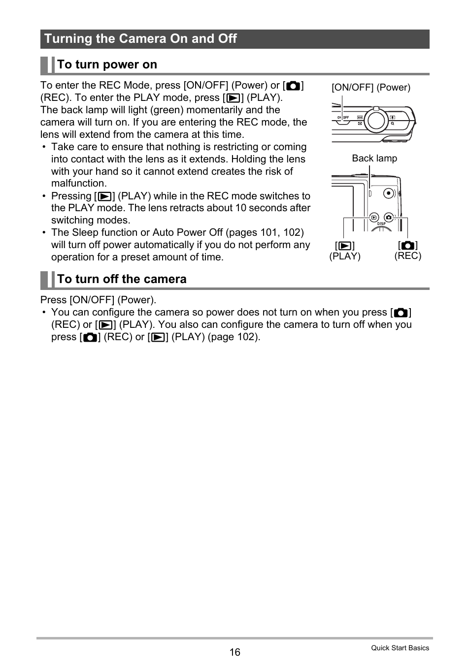 Turning the camera on and off, To turn power on, To turn off the camera | Casio EXILIM EX-Z150 User Manual | Page 16 / 137