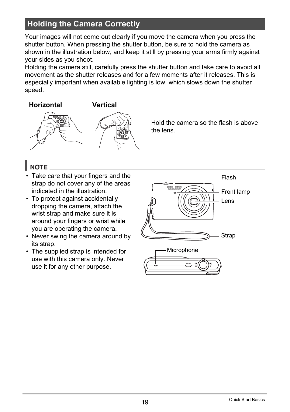 Holding the camera correctly | Casio EXILIM EX-Z150 User Manual | Page 19 / 137