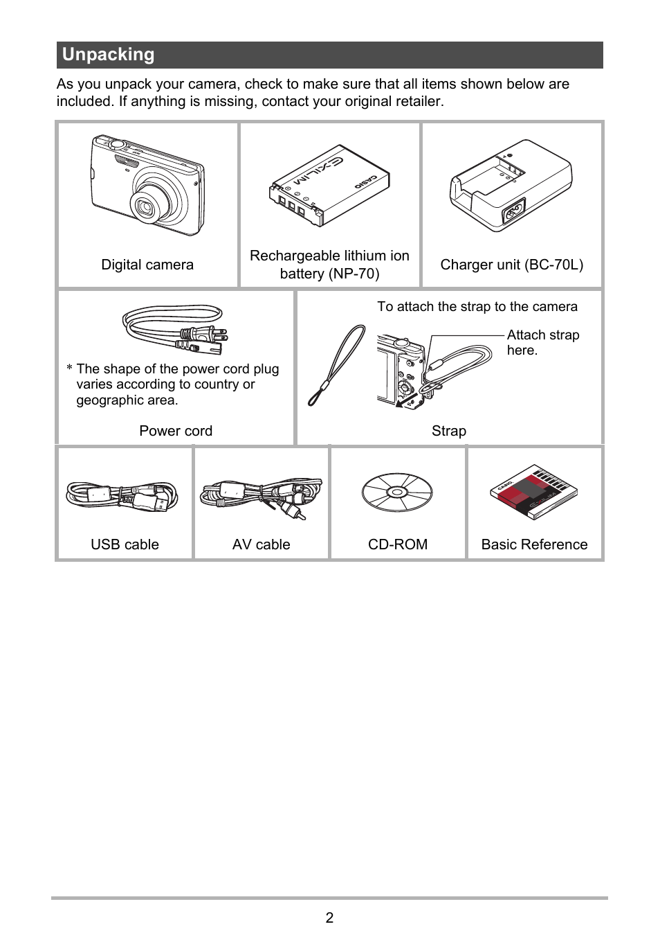 Unpacking | Casio EXILIM EX-Z150 User Manual | Page 2 / 137