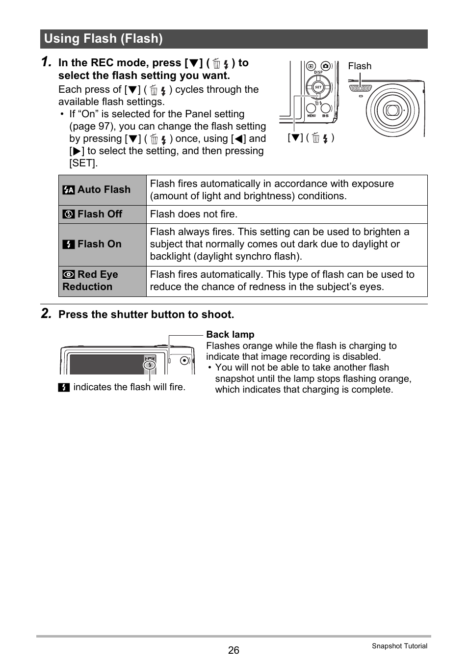 Using flash (flash) | Casio EXILIM EX-Z150 User Manual | Page 26 / 137