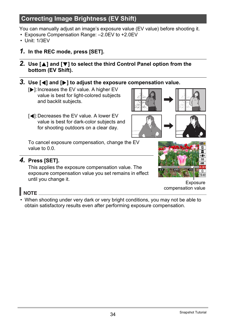 Correcting image brightness (ev shift) | Casio EXILIM EX-Z150 User Manual | Page 34 / 137