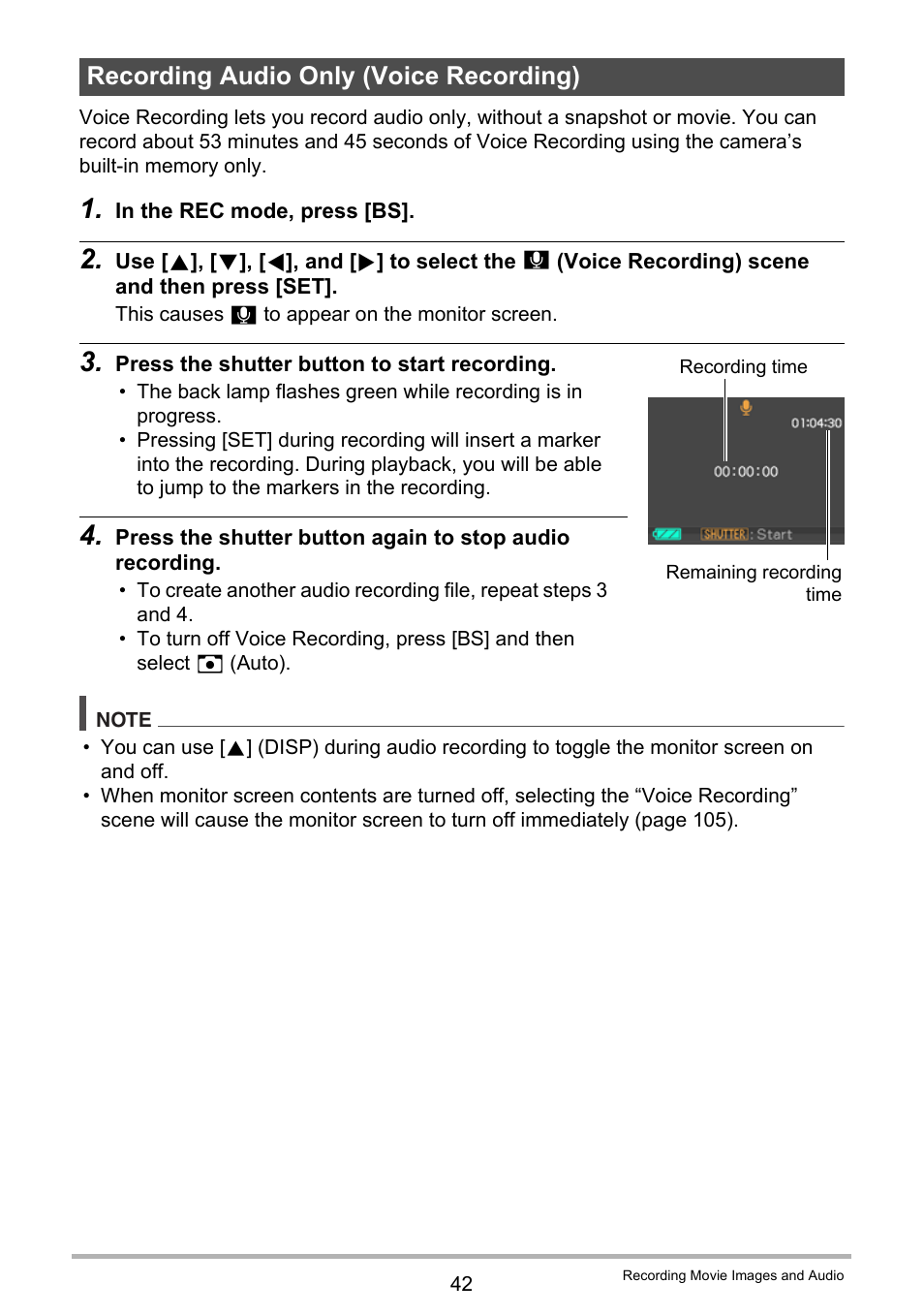Recording audio only (voice recording) | Casio EXILIM EX-Z150 User Manual | Page 42 / 137