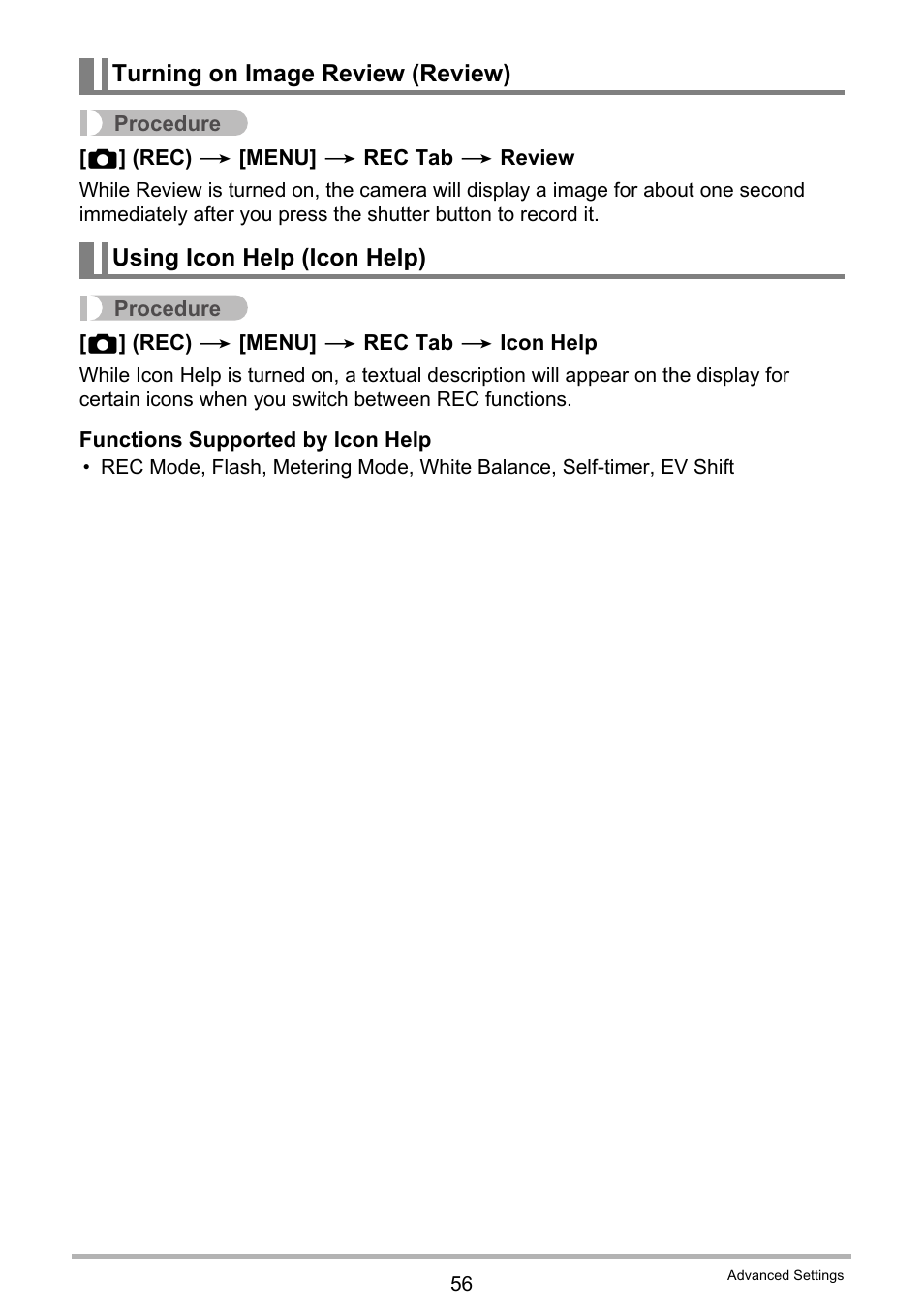 Turning on image review (review), Using icon help (icon help) | Casio EXILIM EX-Z150 User Manual | Page 56 / 137