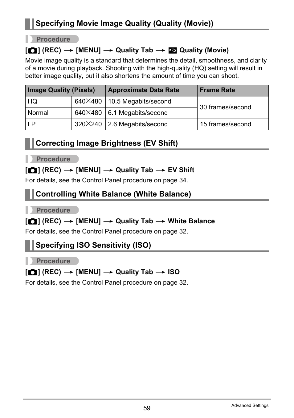Specifying movie image quality (quality (movie)), Correcting image brightness (ev shift), Controlling white balance (white balance) | Specifying iso sensitivity (iso) | Casio EXILIM EX-Z150 User Manual | Page 59 / 137