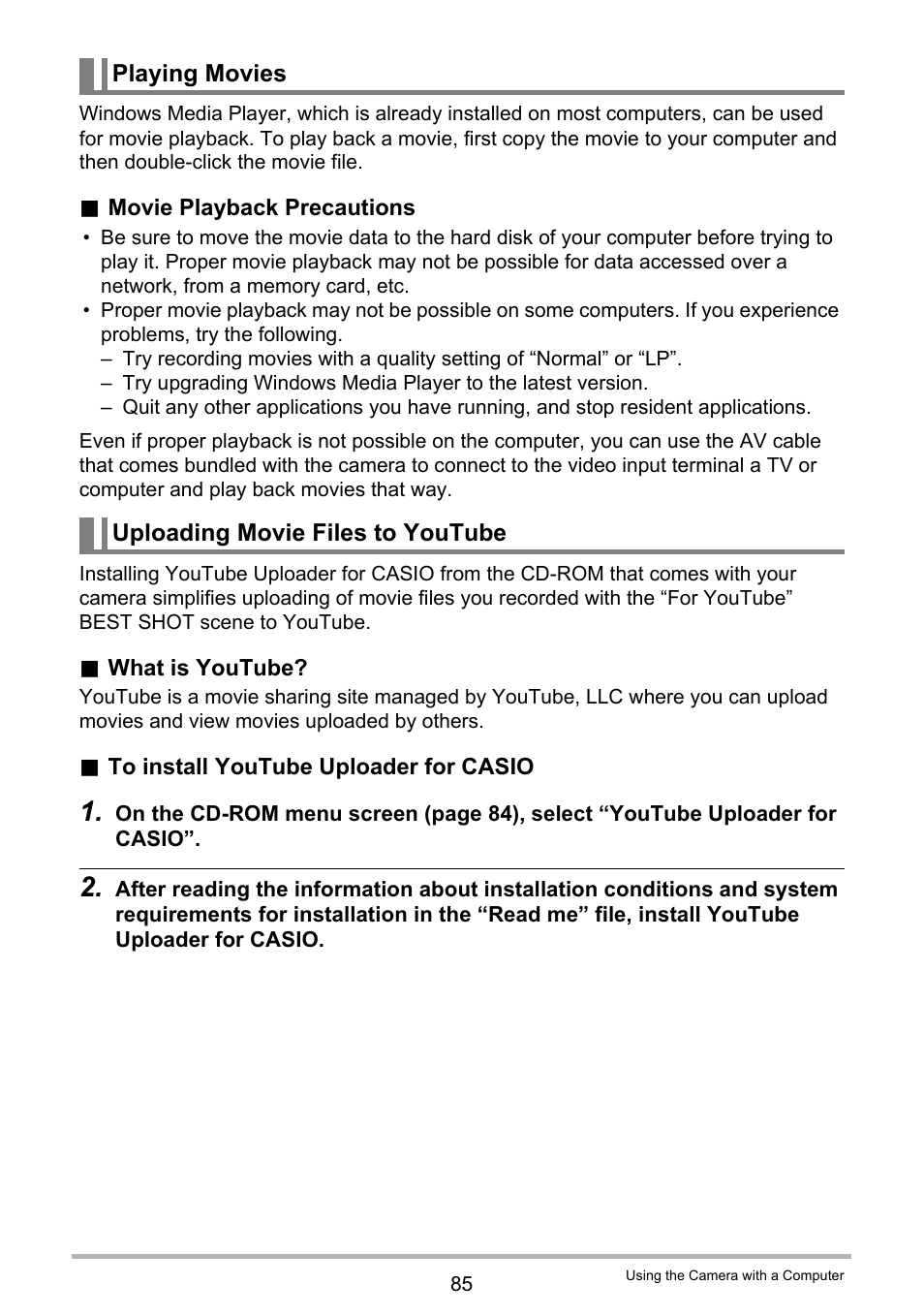 Playing movies, Uploading movie files to youtube | Casio EXILIM EX-Z150 User Manual | Page 85 / 137