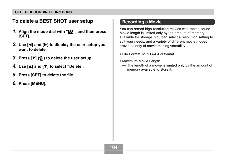 To delete a best shot user setup, Recording a movie | Casio EX-P505 User Manual | Page 104 / 236