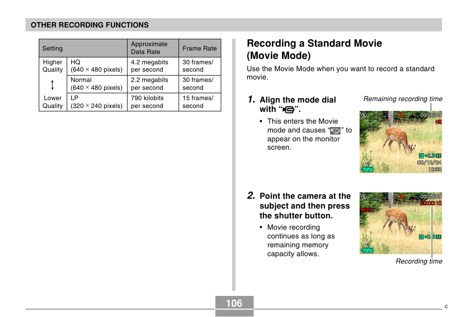 Recording a standard movie (movie mode) | Casio EX-P505 User Manual | Page 106 / 236