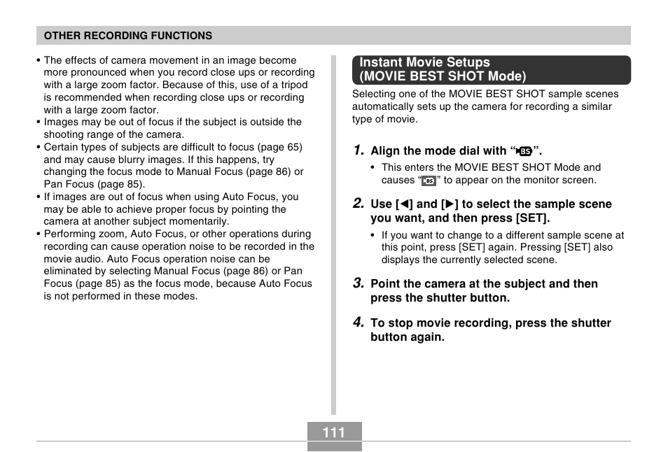 Instant movie setups (movie best shot mode) | Casio EX-P505 User Manual | Page 111 / 236