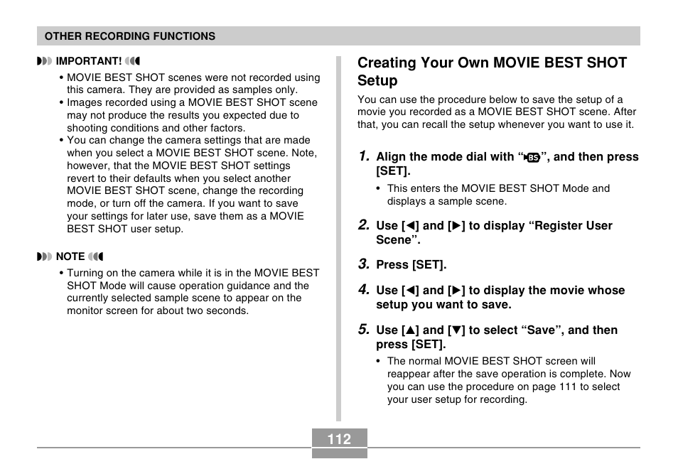 Creating your own movie best shot setup | Casio EX-P505 User Manual | Page 112 / 236