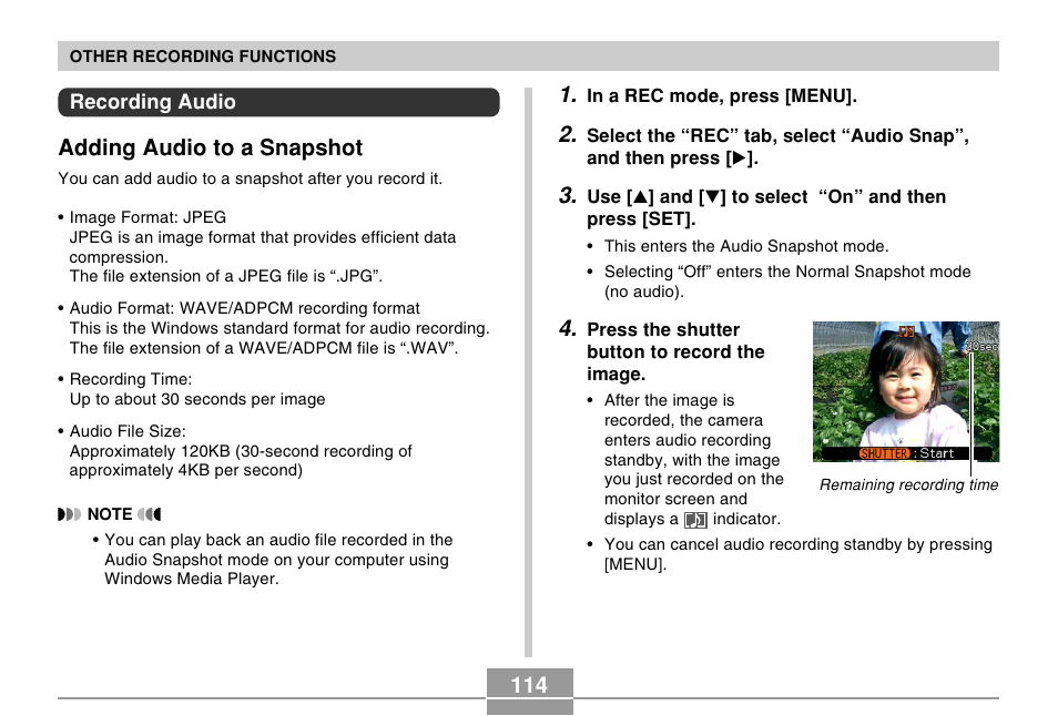 Recording audio, Adding audio to a snapshot | Casio EX-P505 User Manual | Page 114 / 236