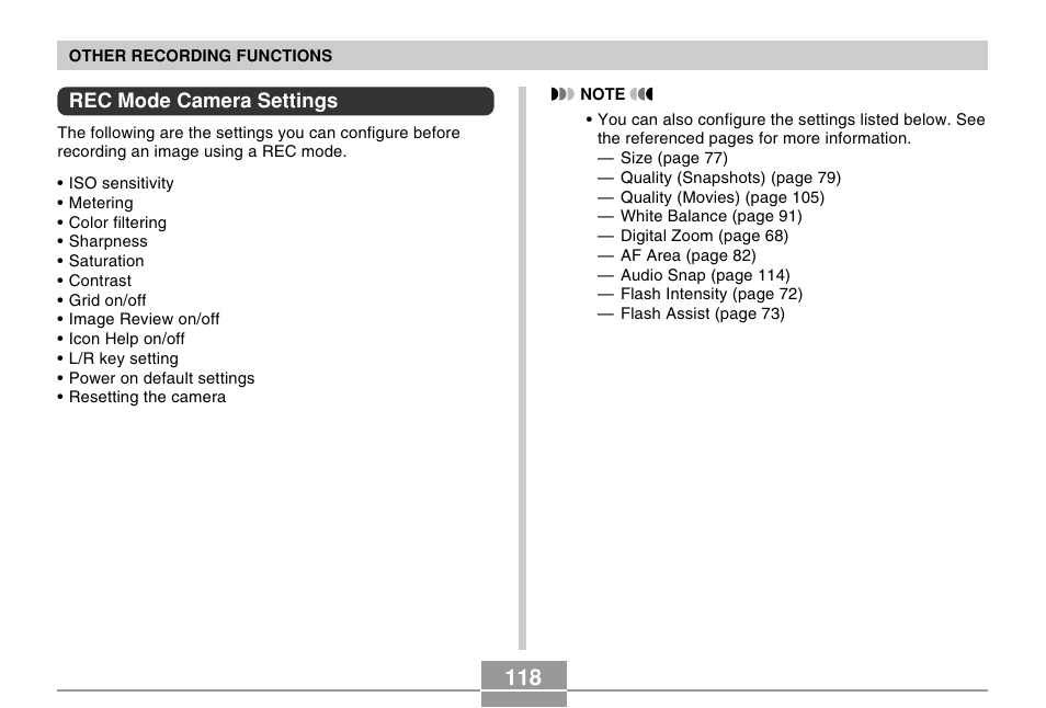 Rec mode camera settings | Casio EX-P505 User Manual | Page 118 / 236