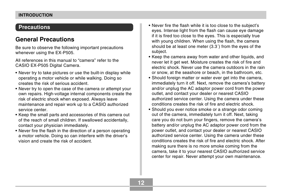 Precautions, General precautions | Casio EX-P505 User Manual | Page 12 / 236