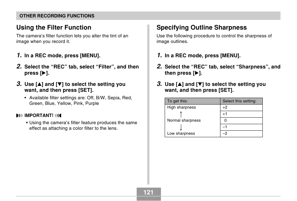 Using the filter function, Specifying outline sharpness | Casio EX-P505 User Manual | Page 121 / 236