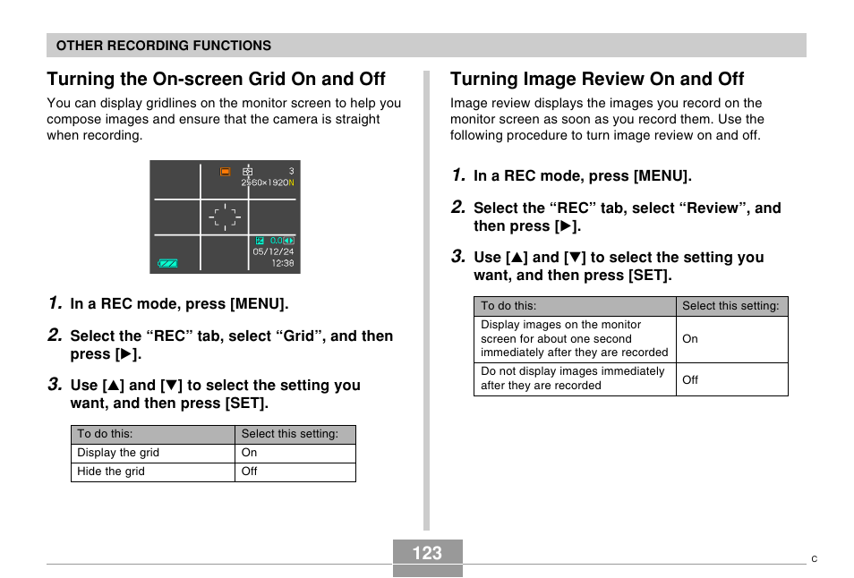Turning the on-screen grid on and off, Turning image review on and off | Casio EX-P505 User Manual | Page 123 / 236