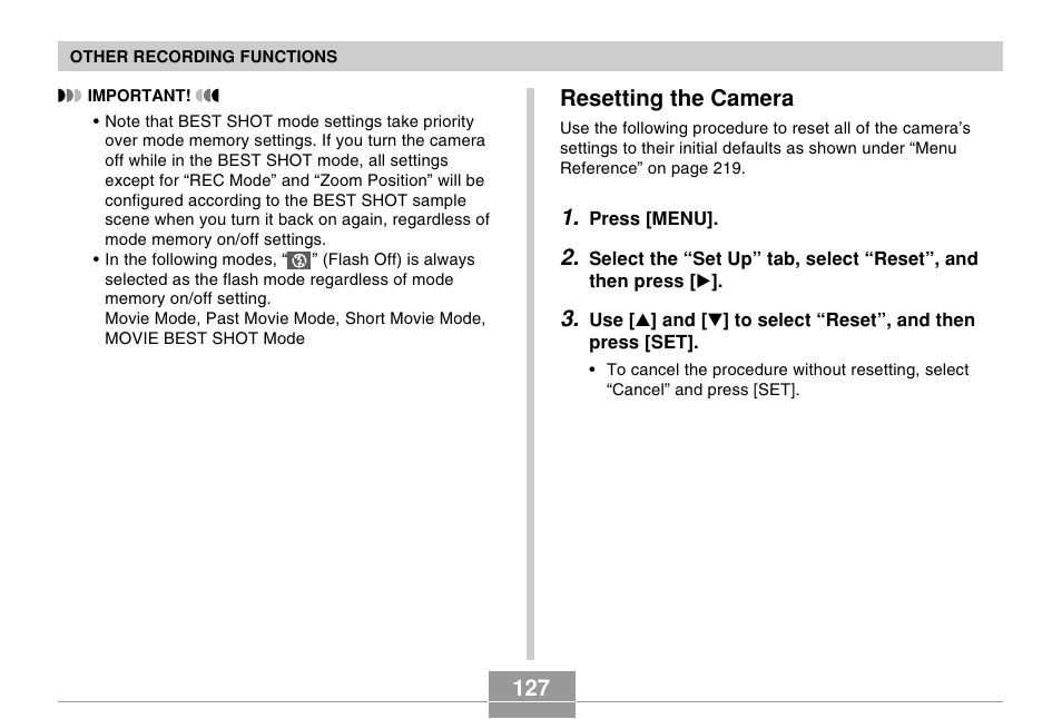 Resetting the camera | Casio EX-P505 User Manual | Page 127 / 236