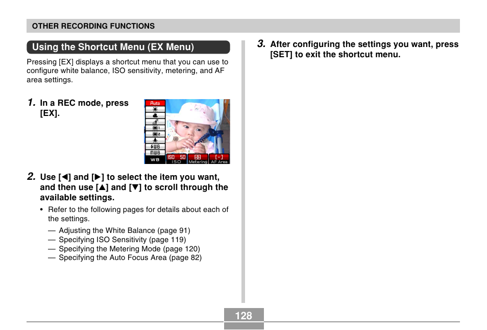 Using the shortcut menu (ex menu) | Casio EX-P505 User Manual | Page 128 / 236