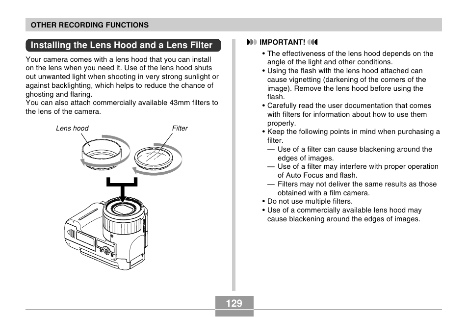 Installing the lens hood and a lens filter | Casio EX-P505 User Manual | Page 129 / 236