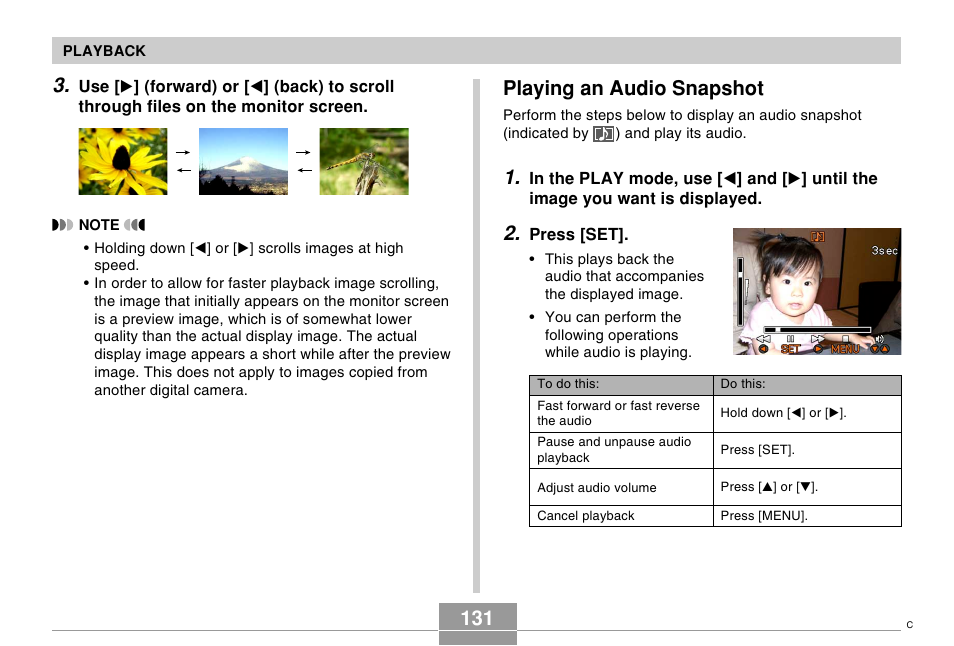 Playing an audio snapshot | Casio EX-P505 User Manual | Page 131 / 236