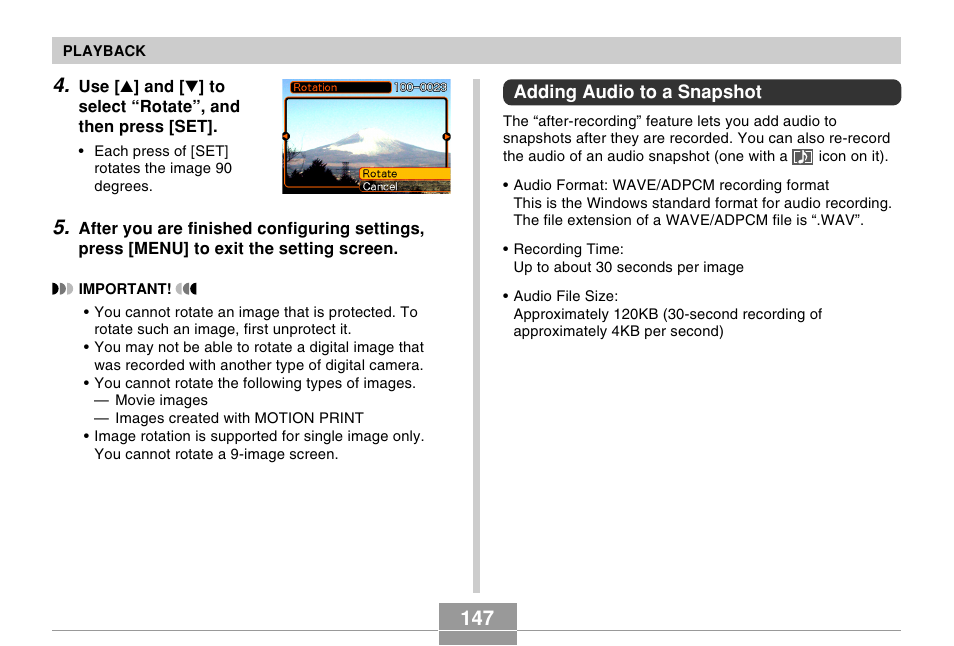 Adding audio to a snapshot | Casio EX-P505 User Manual | Page 147 / 236