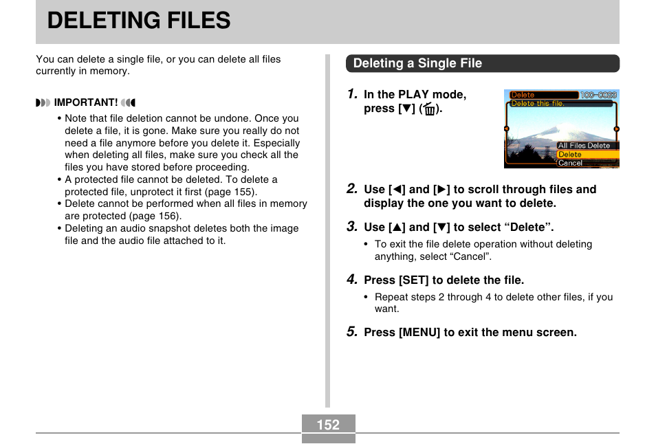 Deleting files, Deleting a single file | Casio EX-P505 User Manual | Page 152 / 236