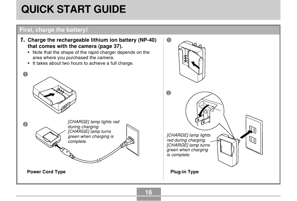 Quick start guide, First, charge the battery | Casio EX-P505 User Manual | Page 16 / 236