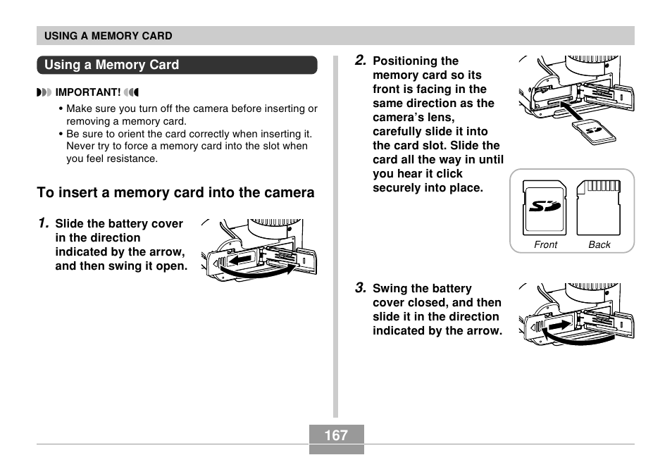 Using a memory card, To insert a memory card into the camera | Casio EX-P505 User Manual | Page 167 / 236
