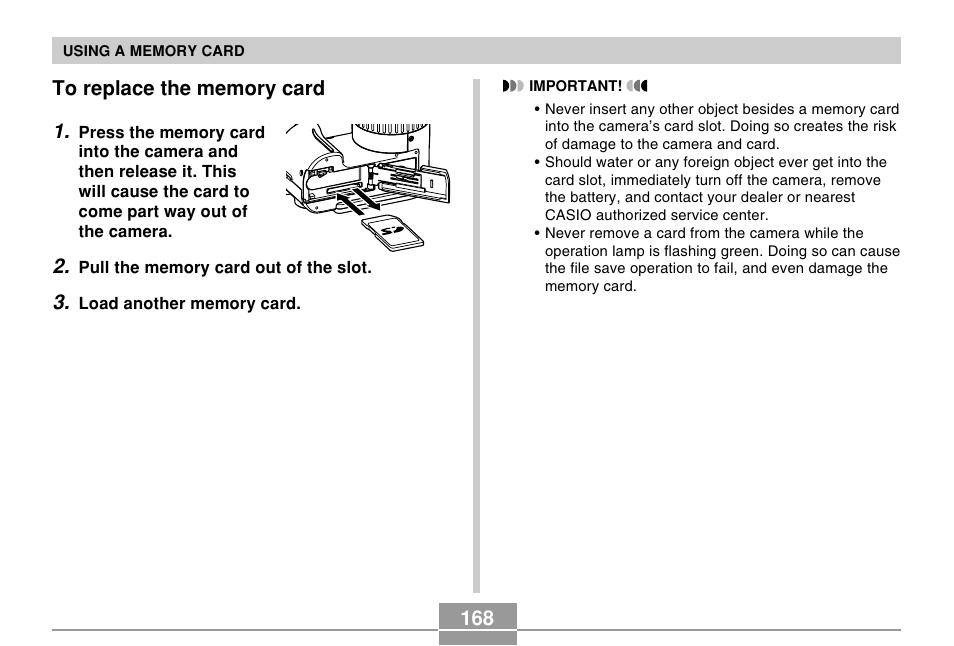 To replace the memory card | Casio EX-P505 User Manual | Page 168 / 236