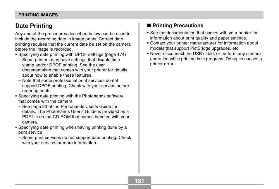 Date printing, 181 date printing | Casio EX-P505 User Manual | Page 181 / 236
