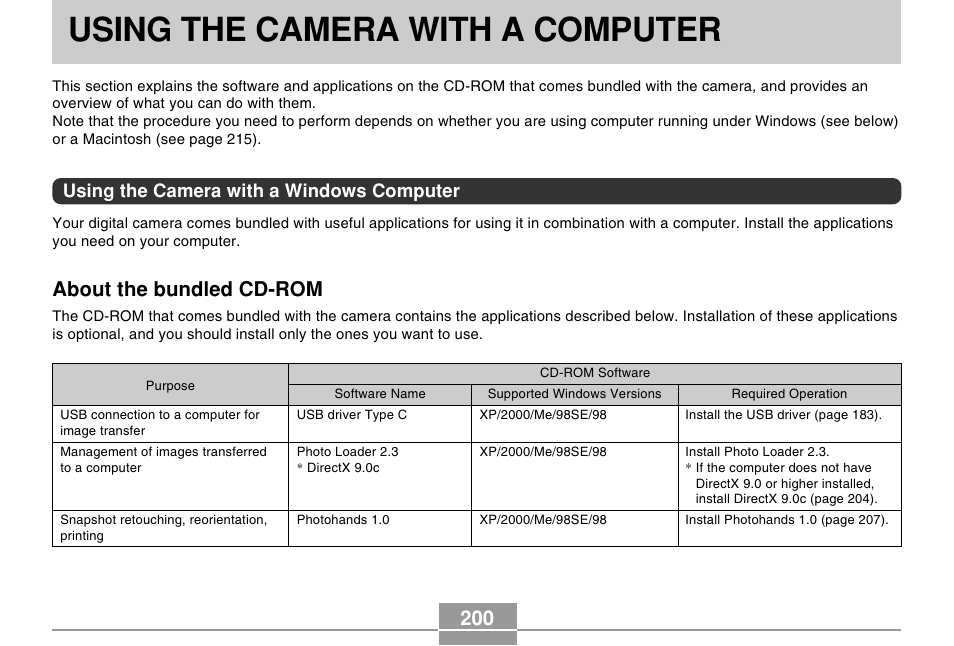 Using the camera with a computer, Using the camera with a windows computer, About the bundled cd-rom | Casio EX-P505 User Manual | Page 200 / 236