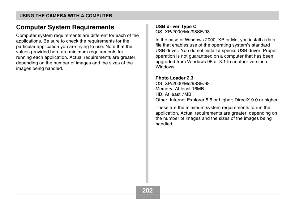 Computer system requirements, 202 computer system requirements | Casio EX-P505 User Manual | Page 202 / 236